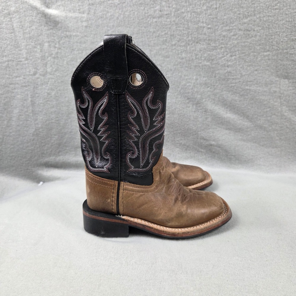 Old West Cowboy Boots Kids Size 10 D Brown Black Excellent Leather Square Toe